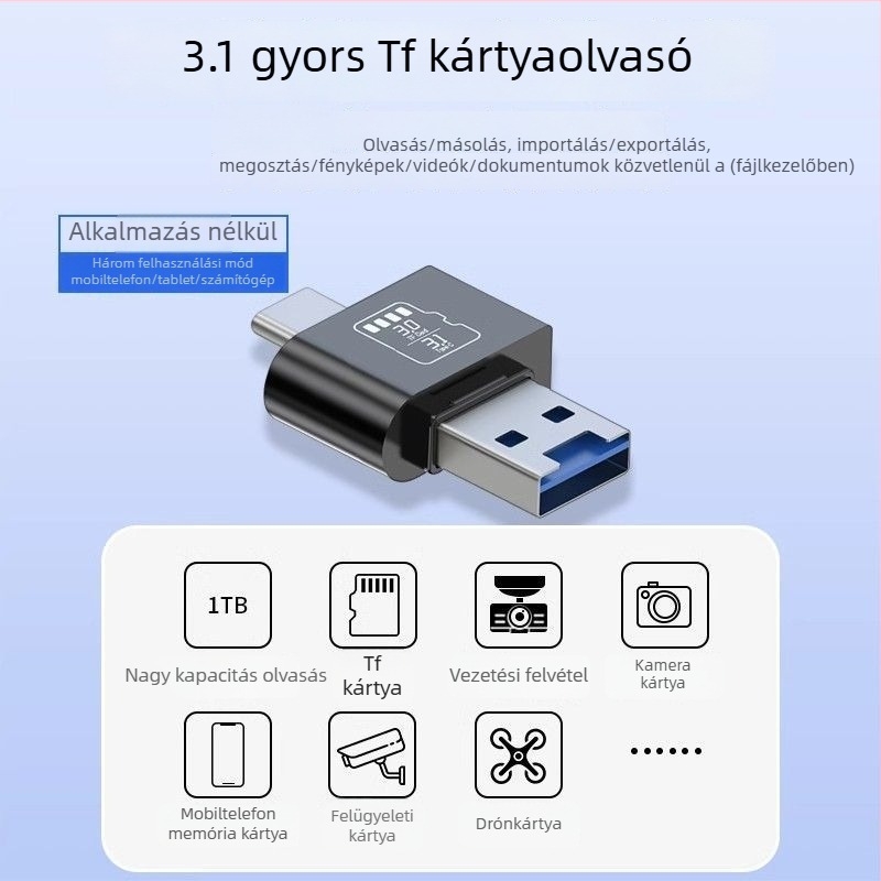 TF kártyaolvasó USB 3.1, Type-C és USB, 2-in-1, fém ház