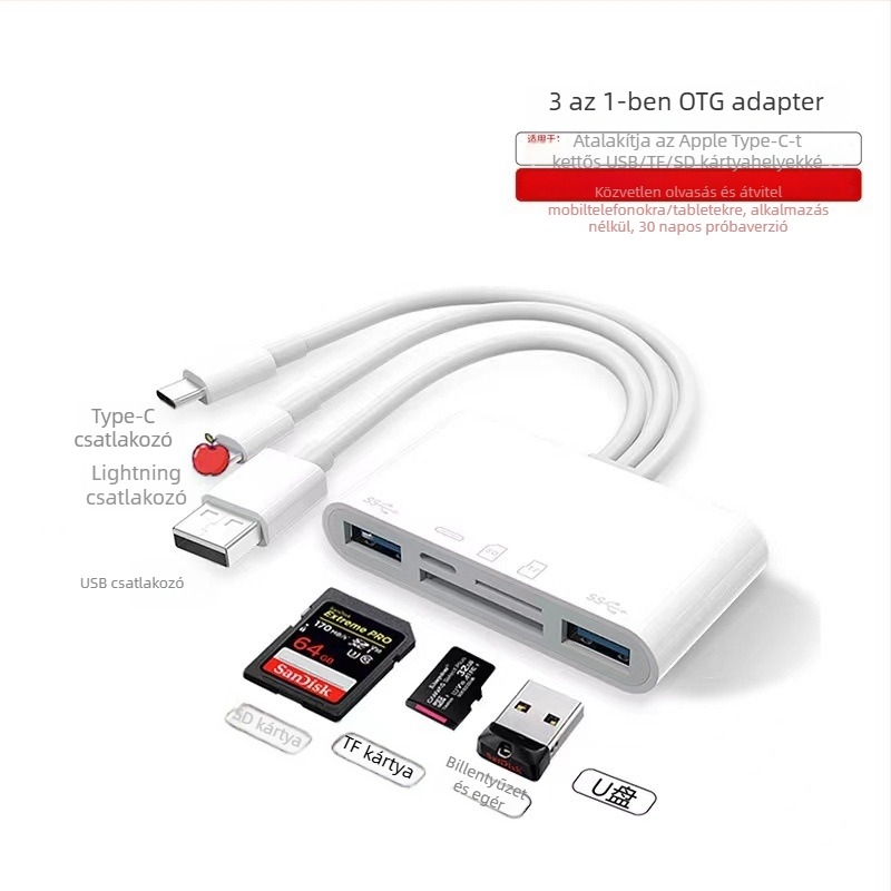 Három az egyben USB 2.0 kártyaolvasó dokkoló Apple készülékekhez