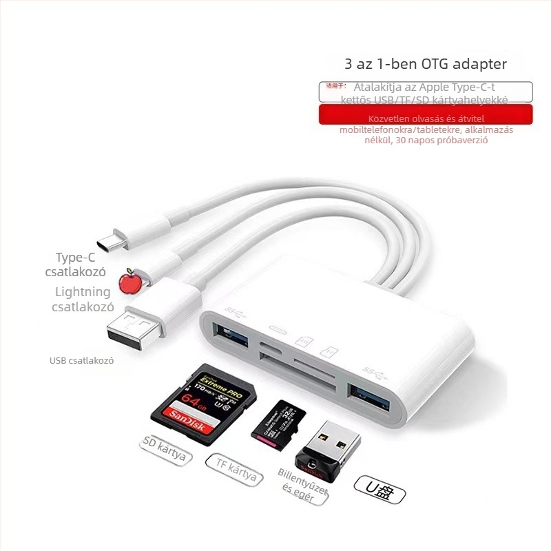 Három az egyben USB 2.0 kártyaolvasó dokkoló Apple készülékekhez