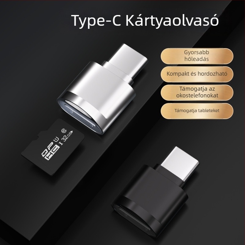 TYPE-C mobiltelefon kártyaolvasó, TF-kártya támogatás, USB 2.0 OTG, külső fém test