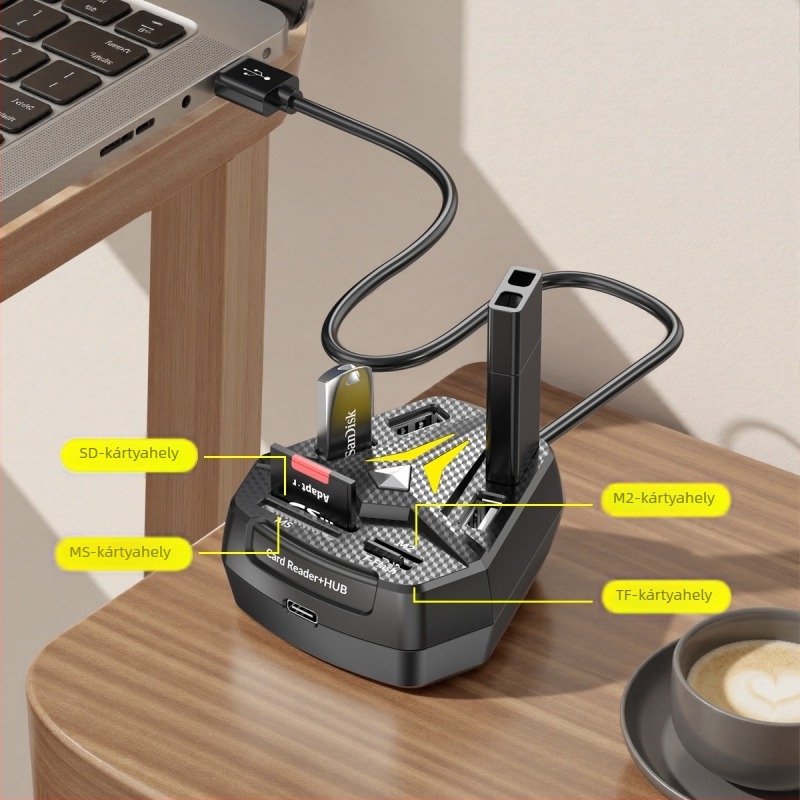 USB 2.0 hub RGB LED-del és kombinált memóriakártya-olvasó SD/MS/M2/TF, gombbal
