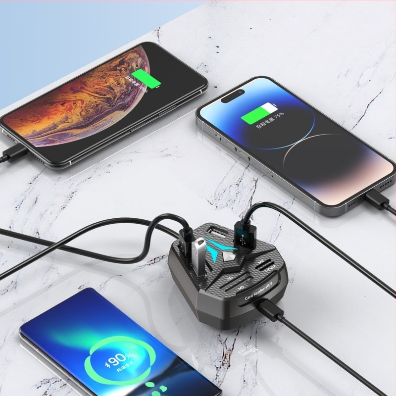 USB 2.0 hub RGB LED-del és kombinált memóriakártya-olvasó SD/MS/M2/TF, gombbal
