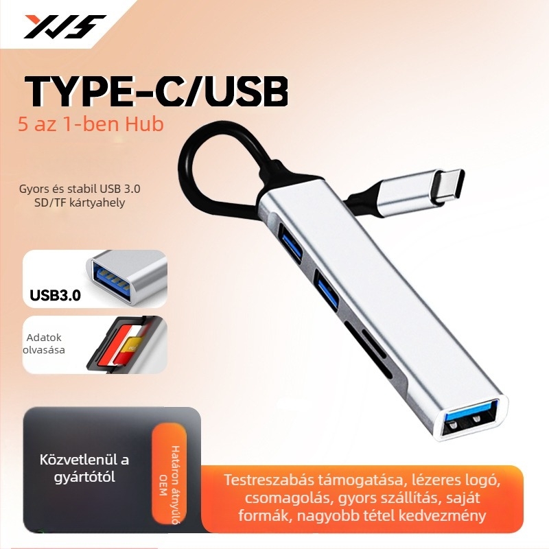 Öt az egyben USB 3.0 dokkoló állomás USB hubbal, SD/TF kártyaolvasóval és Type-C konverterrel (fém+ABS ház)