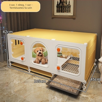 Kis méretű kutyáknak beépített toalettel és beltéri kutyaházzal ellátott ketrec, vasdrót kivitelben