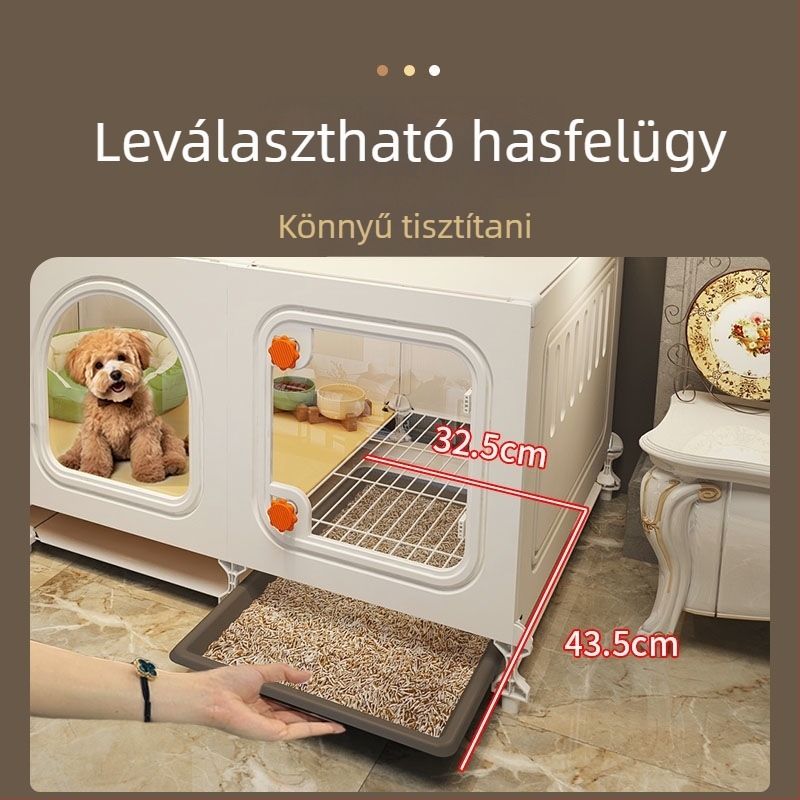 Kis méretű kutyáknak beépített toalettel és beltéri kutyaházzal ellátott ketrec, vasdrót kivitelben