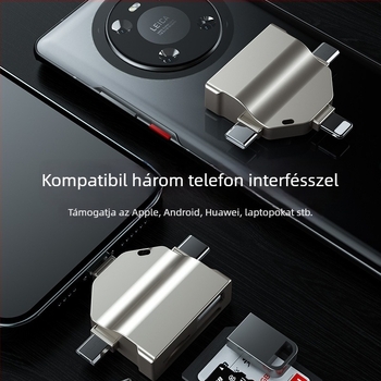 All-in-One kártyaolvasó USB 2.0 OTG adapterrel SD/TF támogatással, cinkötvözet kivitel, modell P-7O, USB-C/Apple/Android OTG kompatibilitás