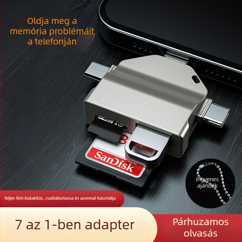 All-in-One kártyaolvasó USB 2.0 OTG adapterrel SD/TF támogatással, cinkötvözet kivitel, modell P-7O, USB-C/Apple/Android OTG kompatibilitás