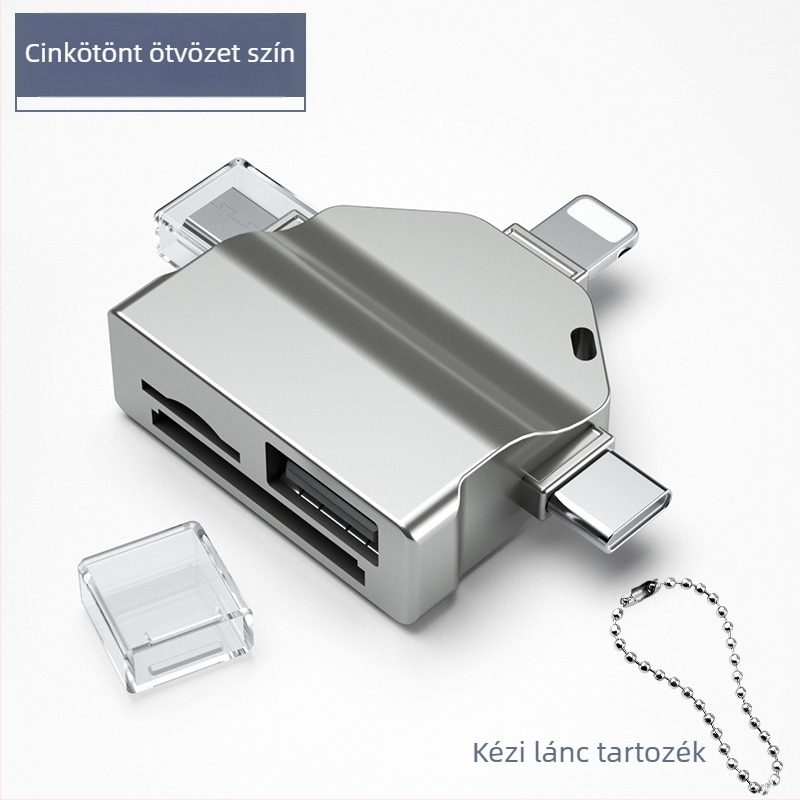 All-in-One kártyaolvasó USB 2.0 OTG adapterrel SD/TF támogatással, cinkötvözet kivitel, modell P-7O, USB-C/Apple/Android OTG kompatibilitás