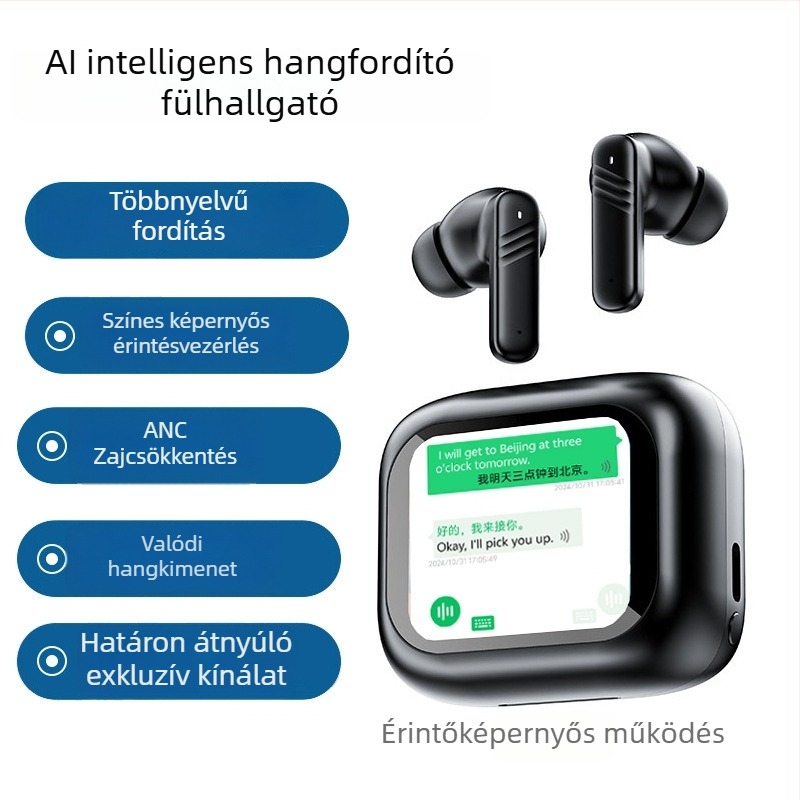 LX10 Okos Fordító Bluetooth Fülhallgató AI-val, Teljes Érintőképernyő, Zajcsökkentés, Zenei Lejátszás, LED Kijelző, IPX4