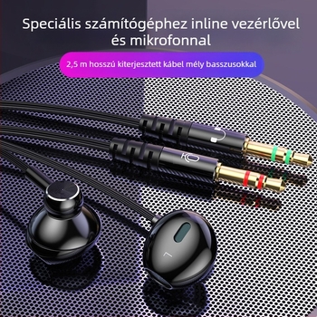 Vezetékes in-ear PC fejhallgató, 14,2 mm meghajtókkal, kettős 3,5 mm-es csatlakozóval, 2,5 m kábel, mikrofon