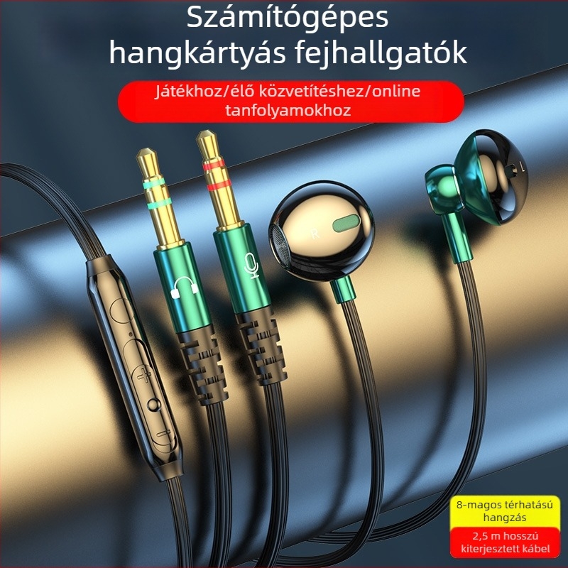 Vezetékes in-ear PC fejhallgató, 14,2 mm meghajtókkal, kettős 3,5 mm-es csatlakozóval, 2,5 m kábel, mikrofon