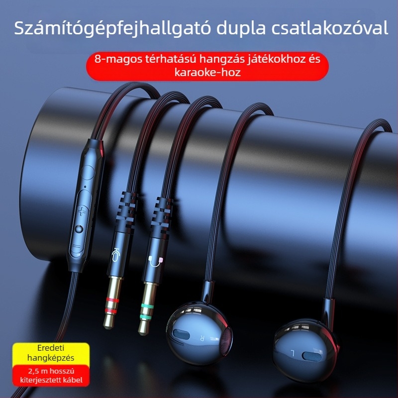 Vezetékes in-ear PC fejhallgató, 14,2 mm meghajtókkal, kettős 3,5 mm-es csatlakozóval, 2,5 m kábel, mikrofon