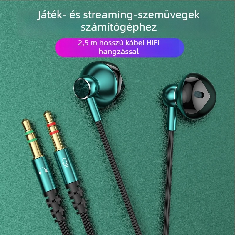 Vezetékes in-ear PC fejhallgató, 14,2 mm meghajtókkal, kettős 3,5 mm-es csatlakozóval, 2,5 m kábel, mikrofon