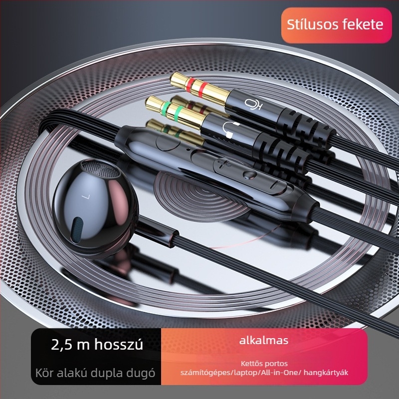 Vezetékes in-ear PC fejhallgató, 14,2 mm meghajtókkal, kettős 3,5 mm-es csatlakozóval, 2,5 m kábel, mikrofon
