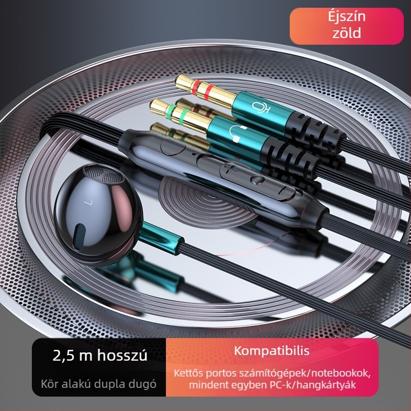 Vezetékes in-ear PC fejhallgató, 14,2 mm meghajtókkal, kettős 3,5 mm-es csatlakozóval, 2,5 m kábel, mikrofon