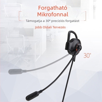 Jobb oldali egyfülhallgató, fülhorgos kialakítással, vezetékes mikrofonnal, hívásokhoz, kompatibil mobiltelefonokkal és számítógépekkel, L-alakú csatlakozó