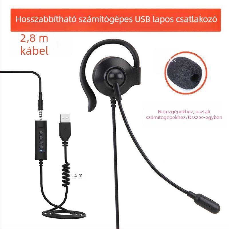 Jobb oldali egyfülhallgató, fülhorgos kialakítással, vezetékes mikrofonnal, hívásokhoz, kompatibil mobiltelefonokkal és számítógépekkel, L-alakú csatlakozó