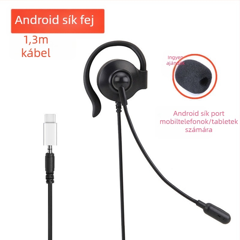Jobb oldali egyfülhallgató, fülhorgos kialakítással, vezetékes mikrofonnal, hívásokhoz, kompatibil mobiltelefonokkal és számítógépekkel, L-alakú csatlakozó