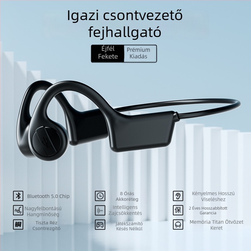 Csontvezetéses Bluetooth fülhallgató fülre akasztóval futáshoz, vezeték nélküli, 10 m hatótávolság, Bluetooth 5.3, üzemidő >8 óra, zajcsökkentés