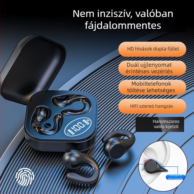 Fülcsipesz kialakítású vezeték nélküli Bluetooth fülhallgató, 10 m hatótávolság, Bluetooth 5.3, sztereó, IPX4