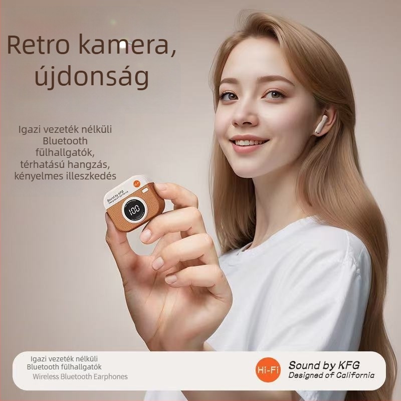 Q86 retro kamera-stílusú vezeték nélküli Bluetooth fülhallgató tokban és digitális kijelzővel, hosszú üzemidő, privát modell a Q sorozatból