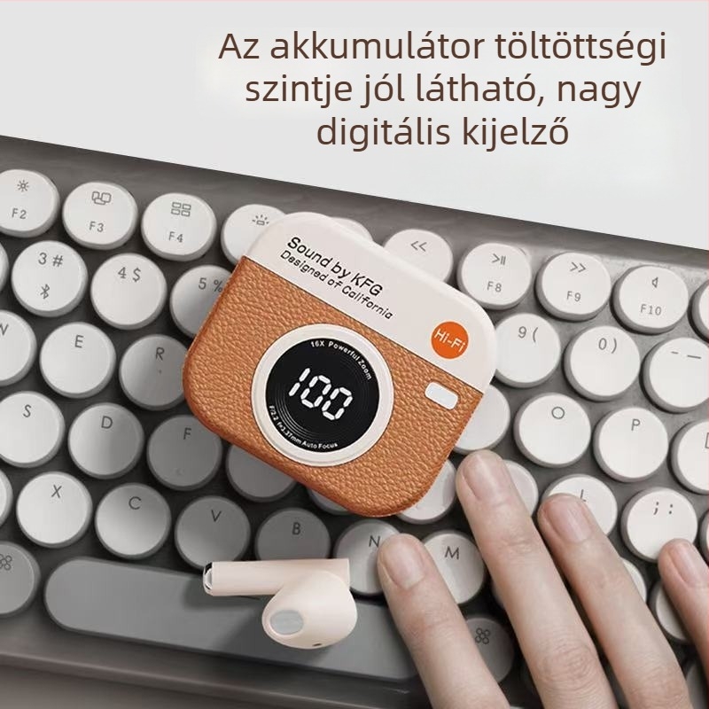 Q86 retro kamera-stílusú vezeték nélküli Bluetooth fülhallgató tokban és digitális kijelzővel, hosszú üzemidő, privát modell a Q sorozatból