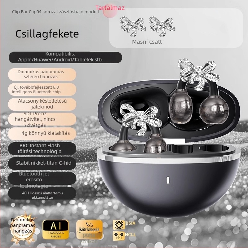 Bluetooth fülhallgató fülcsipesz formájú masni dizájnnal, zajcsökkentés, AI fordítás