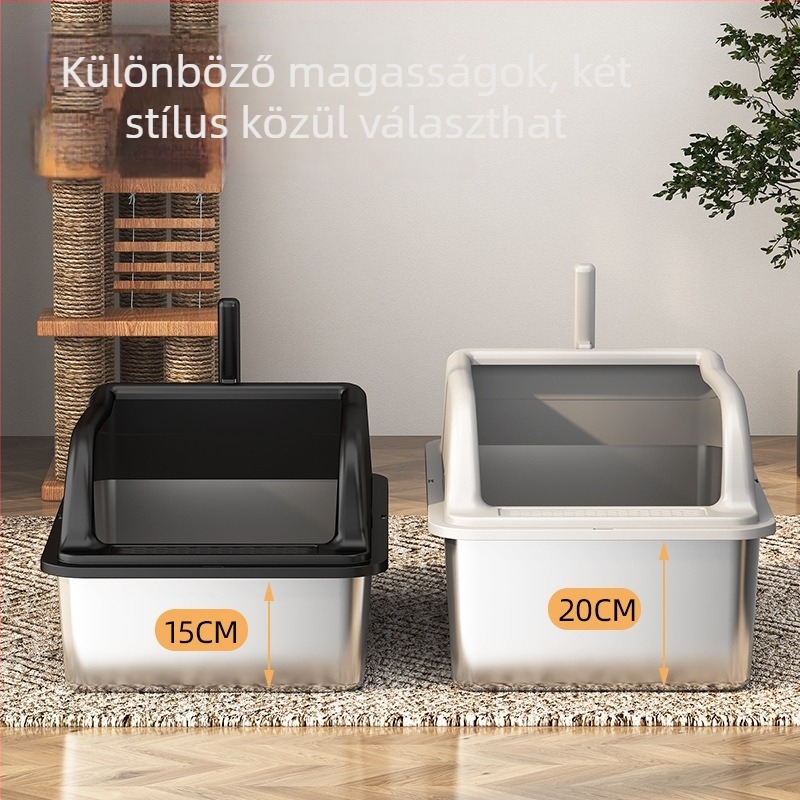Macskaalomtál rozsdamentes acélból és műanyagból, anti-spritz fedél, felső bejáratú, fél-zárt kialakítás