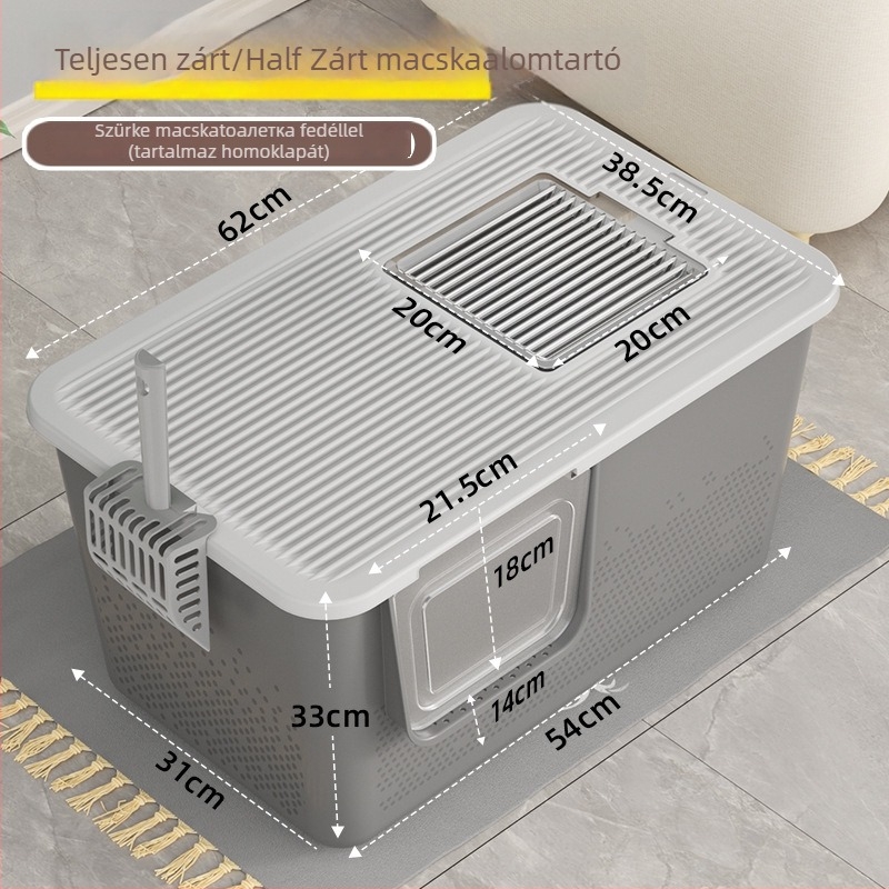 Macskaalom tálca, teljesen zárt, félig zárt kialakítás, anti-szórás, minden egyben, PVC anyag.
