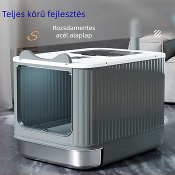 Macskaalomtál fém és műanyag, teljesen zárt, szagtalanító, fröccsenés elleni védelem