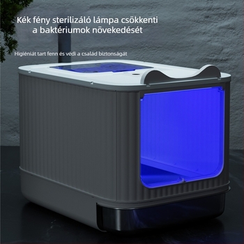 Macskaalomtál fém és műanyag, teljesen zárt, szagtalanító, fröccsenés elleni védelem