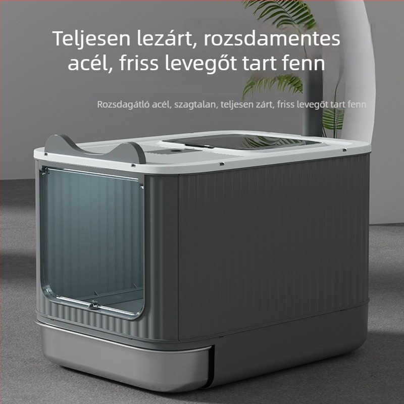 Macskaalomtál fém és műanyag, teljesen zárt, szagtalanító, fröccsenés elleni védelem