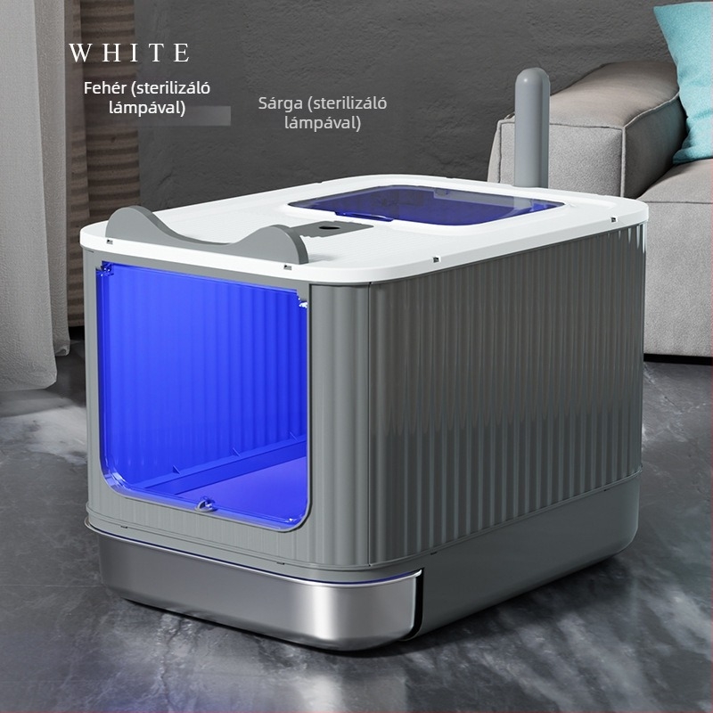 Macskaalomtál fém és műanyag, teljesen zárt, szagtalanító, fröccsenés elleni védelem