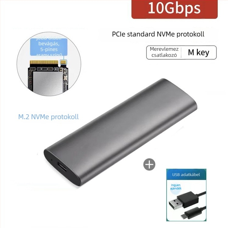 M.2 NVMe NGFF külső SSD tok, kettős protokoll USB 3.1 Gen2-vel, alumínium-magnézium ötvözet test, 2 TB-ig támogatás, 10 Gbps átviteli sebesség