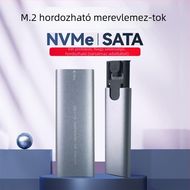 M.2 NVMe NGFF külső SSD tok, kettős protokoll USB 3.1 Gen2-vel, alumínium-magnézium ötvözet test, 2 TB-ig támogatás, 10 Gbps átviteli sebesség