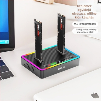 M.2 kettős protokollú, két rekeszes klónozó állomás (SATA/NVMe), offline másolás, 16TB támogatás