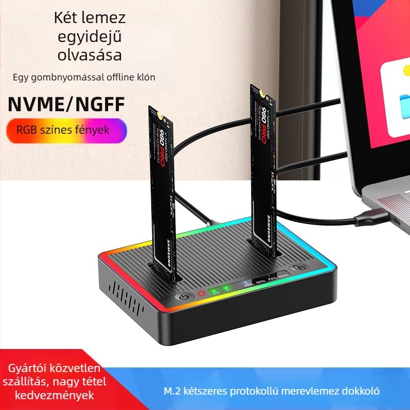 M.2 kettős protokollú, két rekeszes klónozó állomás (SATA/NVMe), offline másolás, 16TB támogatás