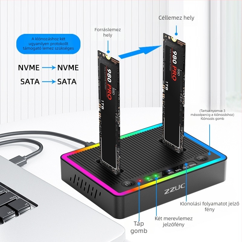 M.2 kettős protokollú, két rekeszes klónozó állomás (SATA/NVMe), offline másolás, 16TB támogatás