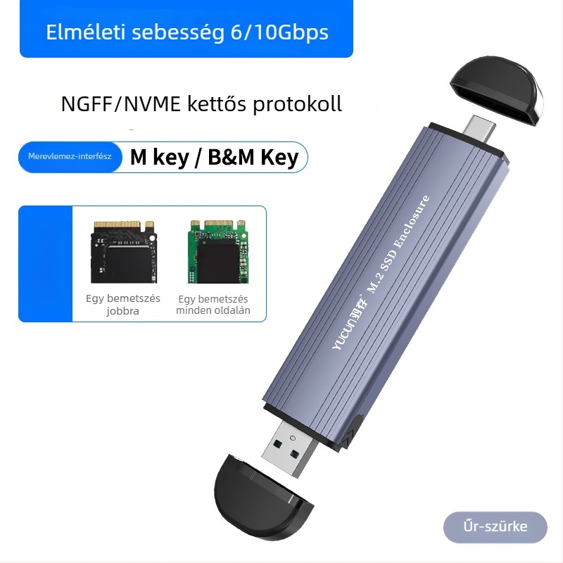 Külső NVMe M.2 SSD tok, Type-C USB 3.1, alumíniumötvözet, 2 TB-ig támogatott, 10 Gbps