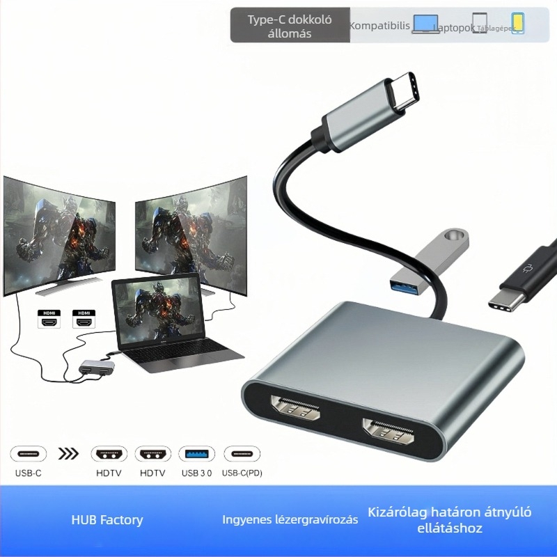 USB-C 4 az 1-ben dokkoló hub: két HDMI kimenet 4K, USB 3.1 5 Gbps, PD gyors töltés, 10 cm kábellel