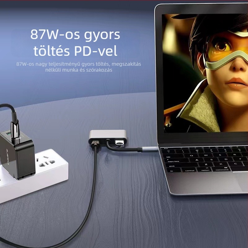 USB-C 4 az 1-ben dokkoló hub: két HDMI kimenet 4K, USB 3.1 5 Gbps, PD gyors töltés, 10 cm kábellel