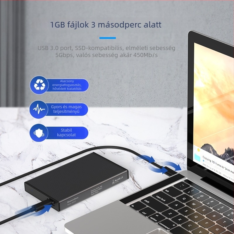 SATA SSD külső tok USB 3.0 és Type-C csatlakozásokkal, alumíniumötvözet + ABS, 4TB-ig, 6 Gbps átviteli sebesség