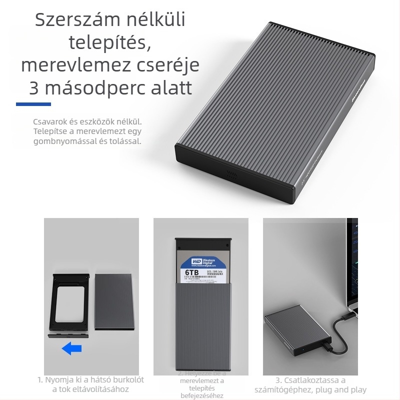 SATA SSD külső tok USB 3.0 és Type-C csatlakozásokkal, alumíniumötvözet + ABS, 4TB-ig, 6 Gbps átviteli sebesség