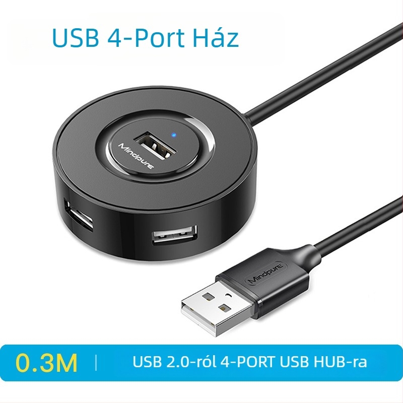 USB 2.0 hub, 4-port, bus-powered USB bővítő dokk, modell US018, átviteli sebesség 300 MB/s