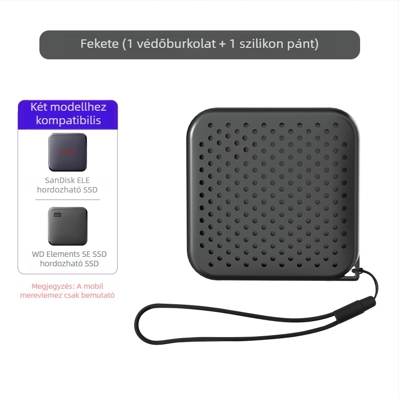 Szilikon tok Sandisk Ele mobil SSD Elements SE számára – modell 130a, 116 szilikon lanyarddal; csomag tartalma: védőtok és lanyard; márka Xqctek