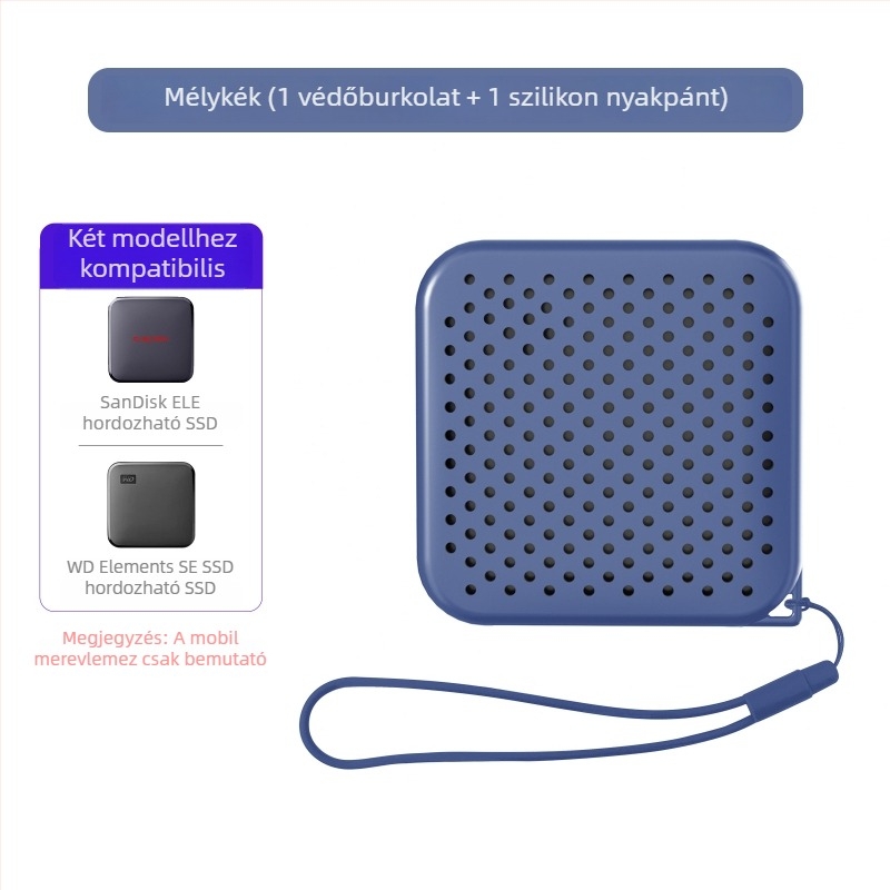 Szilikon tok Sandisk Ele mobil SSD Elements SE számára – modell 130a, 116 szilikon lanyarddal; csomag tartalma: védőtok és lanyard; márka Xqctek