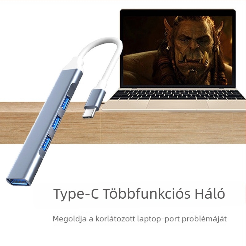 Type-C USB 3.0 négyportos bővítő dokk laptophoz, 0,2 m kábel, külső táp nélkül