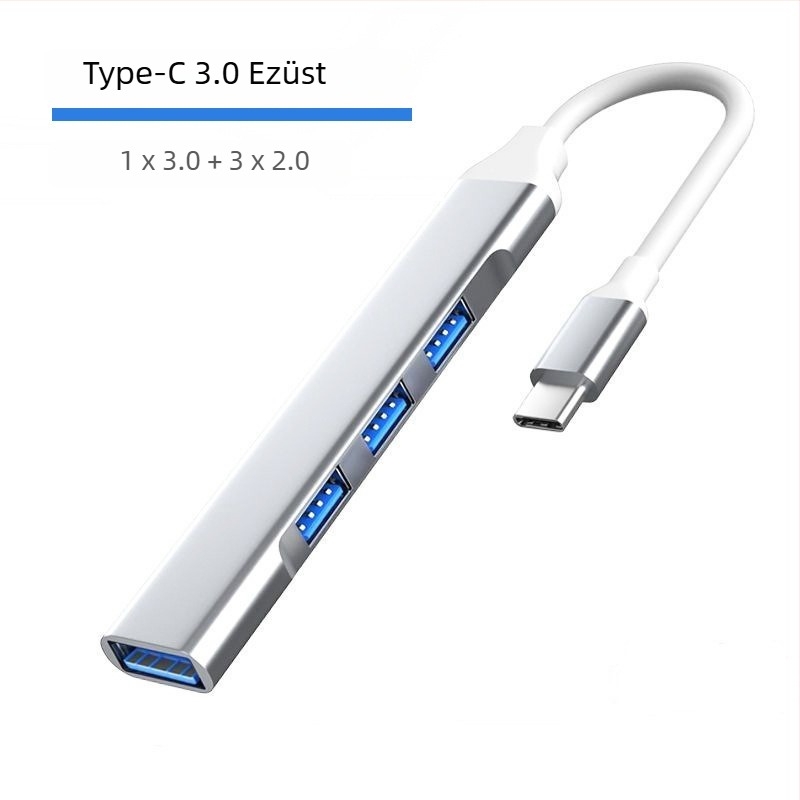Type-C USB 3.0 négyportos bővítő dokk laptophoz, 0,2 m kábel, külső táp nélkül