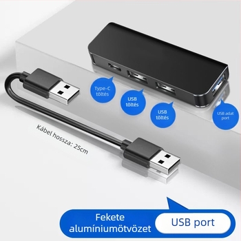USB-C autós hub, 4 porttal, USB 3.1, USB-n keresztüli táplálás