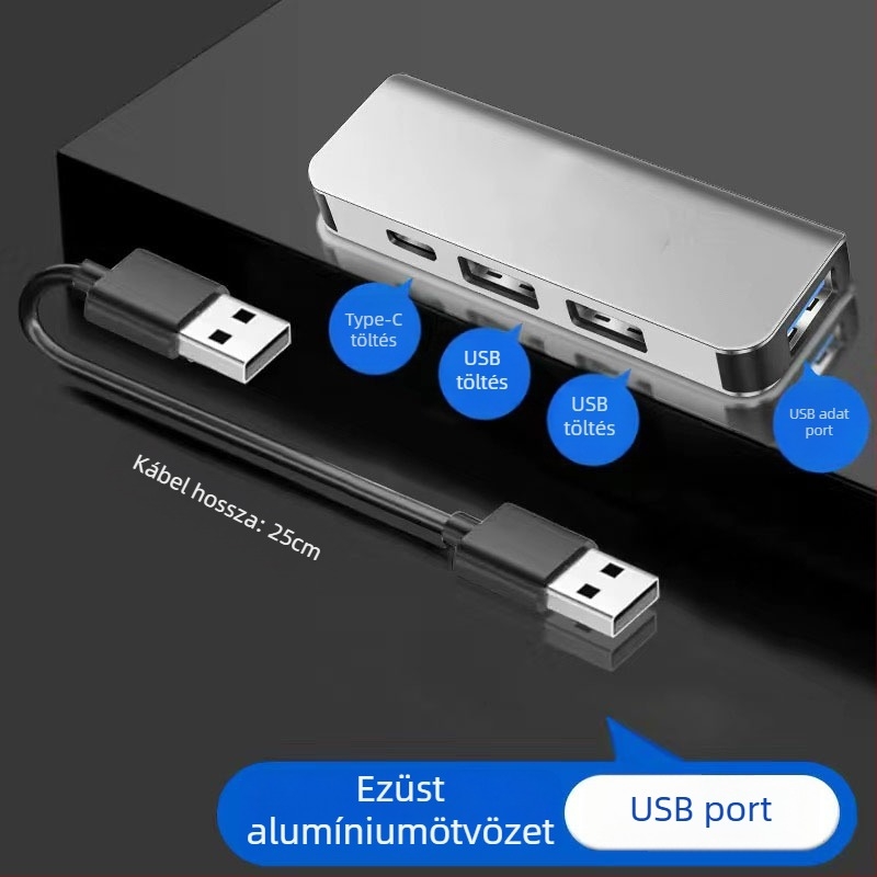 USB-C autós hub, 4 porttal, USB 3.1, USB-n keresztüli táplálás